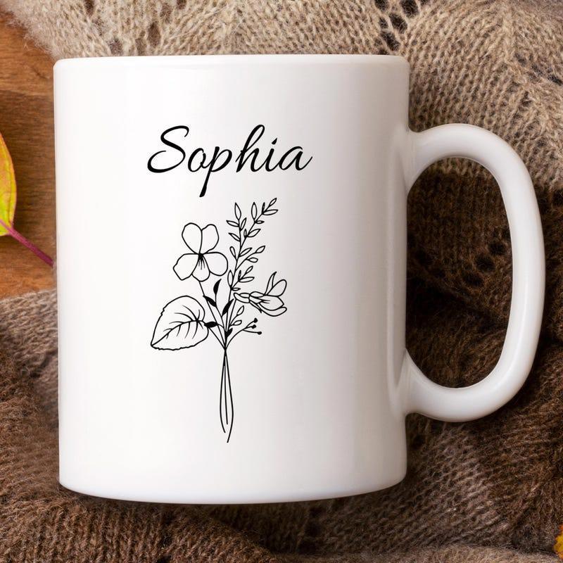 Tailorly White Ceramic 11 oz Mug - Sophia Minimalist Line Art Drawing Of Elegant Wildflowers And Botanical Leaves Flower