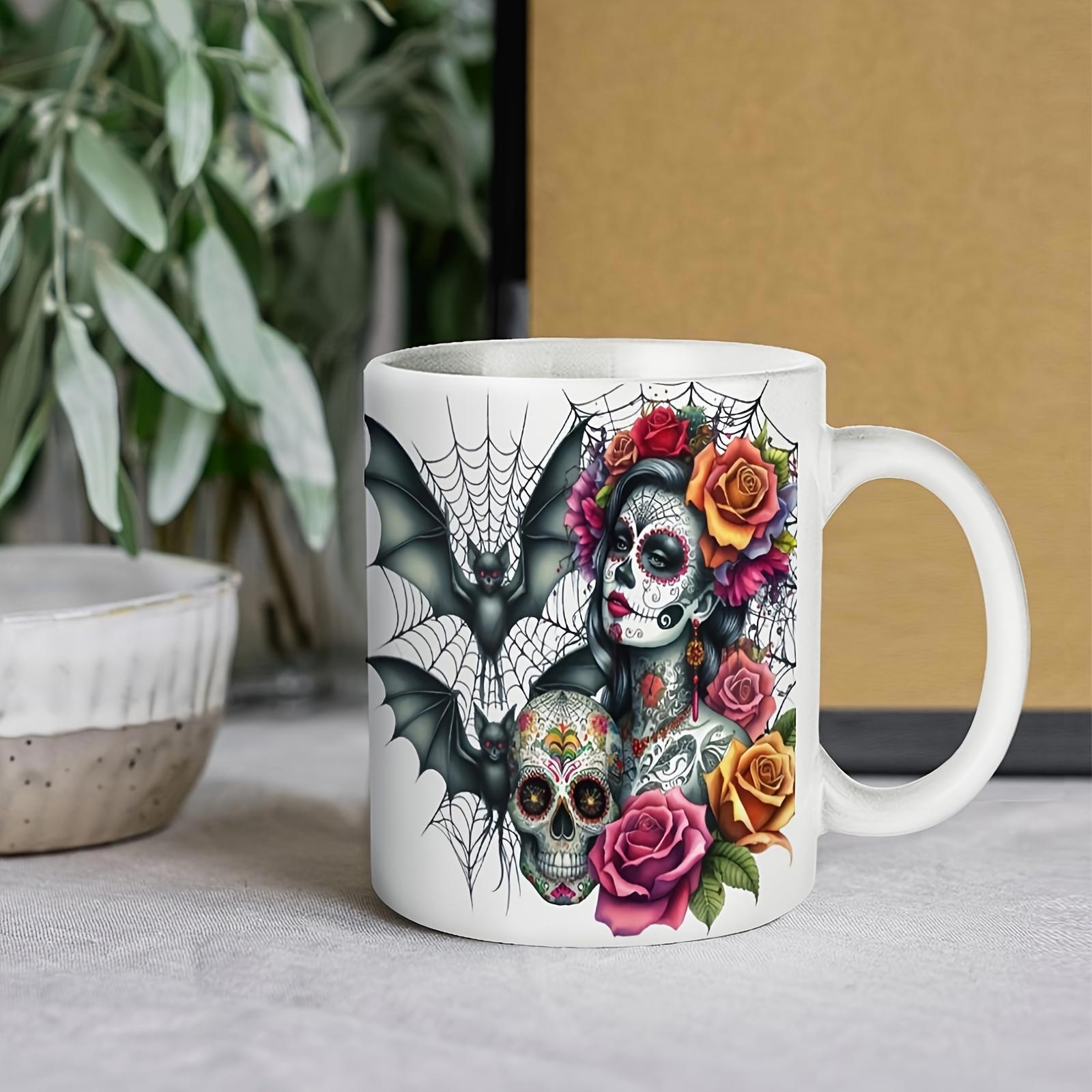 Tailorly White Ceramic 11 oz Mug - Gothic Day Of The Dead Lady With Bats And Vibrant Roses Sugar Skull