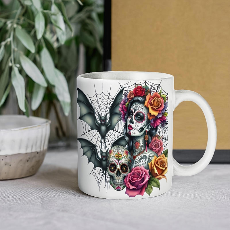 Tailorly White Ceramic 11 oz Mug - Gothic Day Of The Dead Lady With Bats And Vibrant Roses Sugar Skull