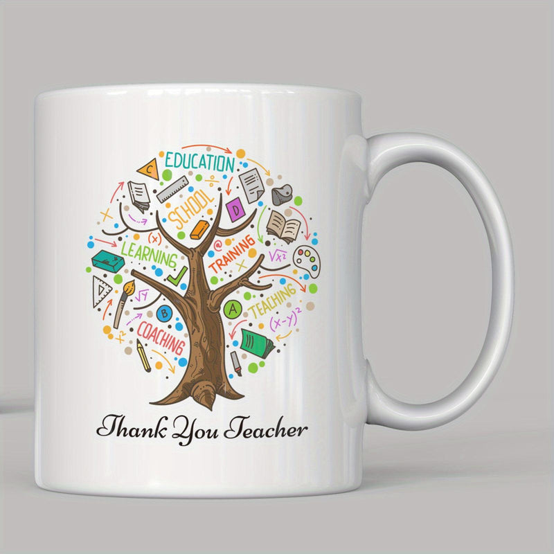 Tailorly White Ceramic 11 oz Mug - Thank You Teacher Vibrant Colorful Educational Icons Growing From A Knowledge Tree