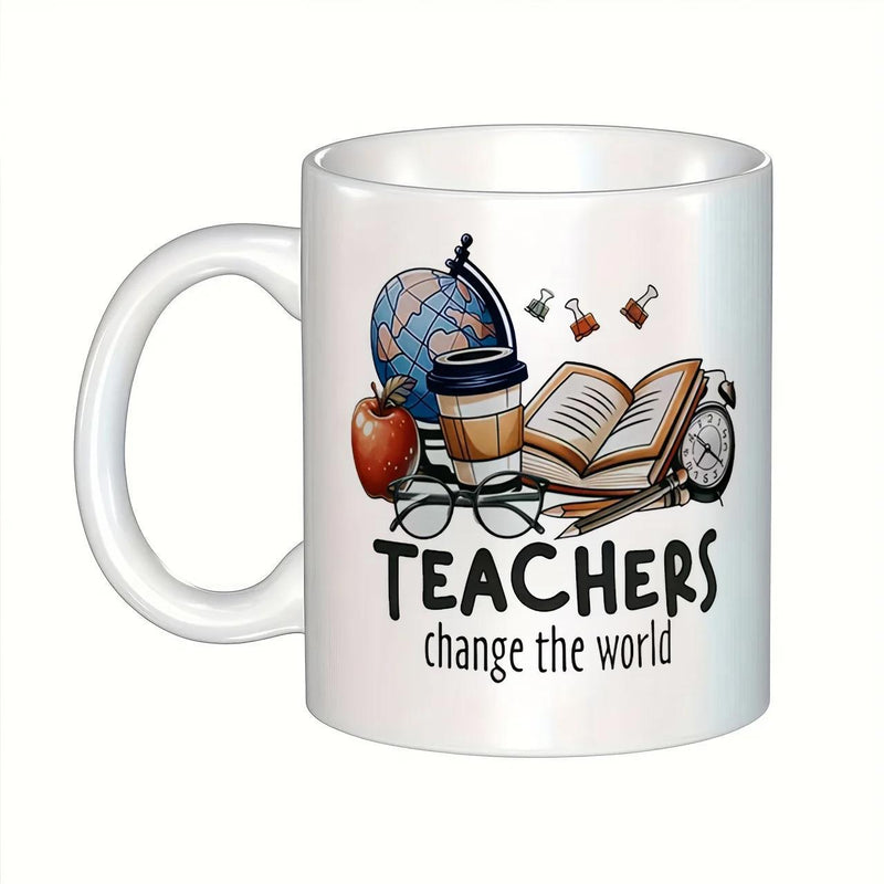 Tailorly White Ceramic 11 oz Mug - Teachers Change The World Academic Essentials Featuring A Globe Red Apple And Open Book Supplies