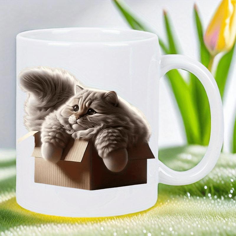 Tailorly White Ceramic 11 oz Mug - Cute Fluffy Pet Peeking Out From Small Brown Cardboard Box Cat