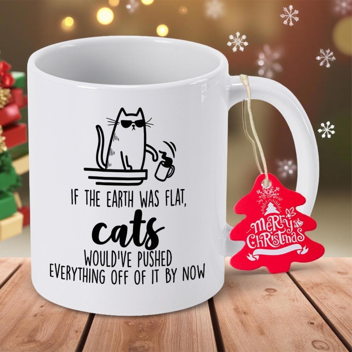 Tailorly White Ceramic 11 oz Mug - If The Earth Was Flat Cats Wouldve Pushed Everything Off Of It By Now Minimalist Line Drawing Of Cool Cat Wearing Sunglasses