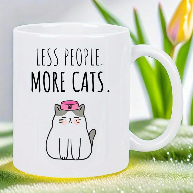 Tailorly White Ceramic 11 oz Mug - Less People More Cats Adorable Chubby White Feline Wearing Small Pink Accessory Cat