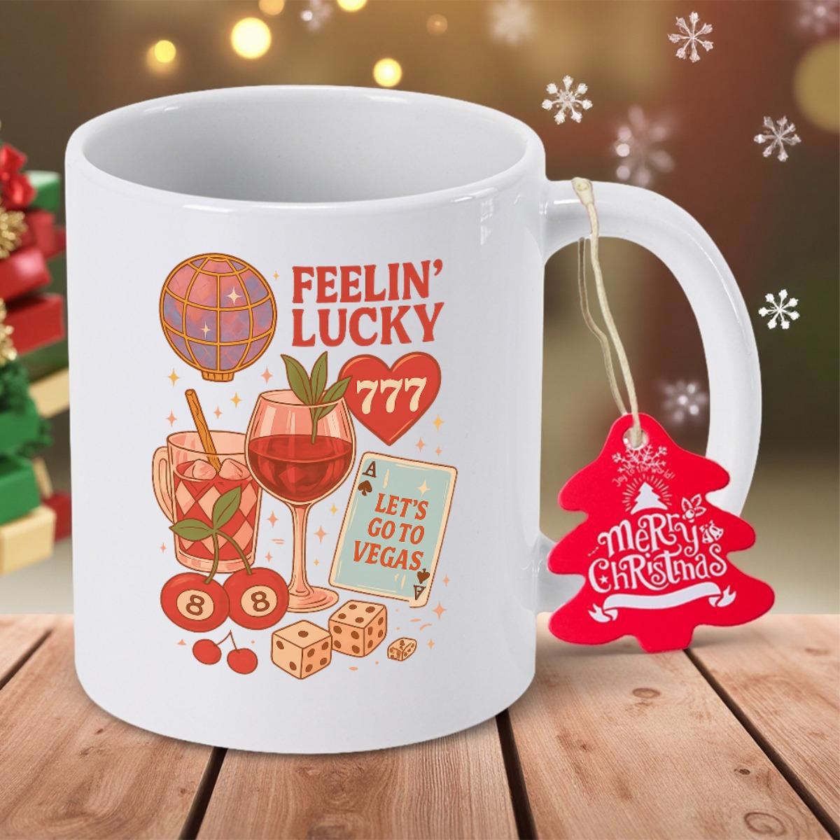 Tailorly White Ceramic 11 oz Mug - Feelin Lucky Lets Go To Vegas Retro Style Gambling Icons With Sparkling Dice And Refreshing Summer Cocktails Mug
