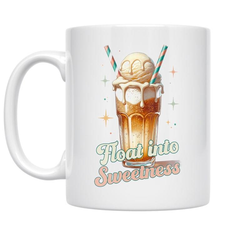 Tailorly White Ceramic 11 oz Mug - Float Into Sweetness Iced Coffee With Creamy Vanilla Ice Cream And Two Straws Sparkling Beverage Float