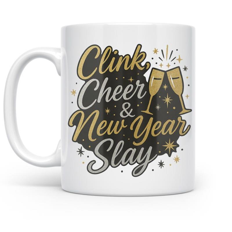 Tailorly White Ceramic 11 oz Mug - Clink Cheer New Year Slay Two Golden Sparking Champagne Glasses Celebrating New Year Among Twinkling Stars Glass