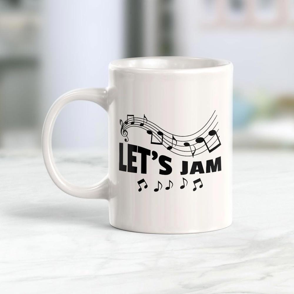 Tailorly White Ceramic 11 oz Mug - Lets Jam Artistic Wave Of Musical Staff With Rhythmic Floating Symbols And Note