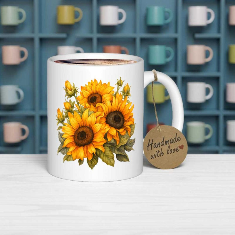 Tailorly White Ceramic 11 oz Mug - Handmade With Love Vibrant Yellow Blossoms With Green Leaves In A Beautiful Botanical Style Sunflower