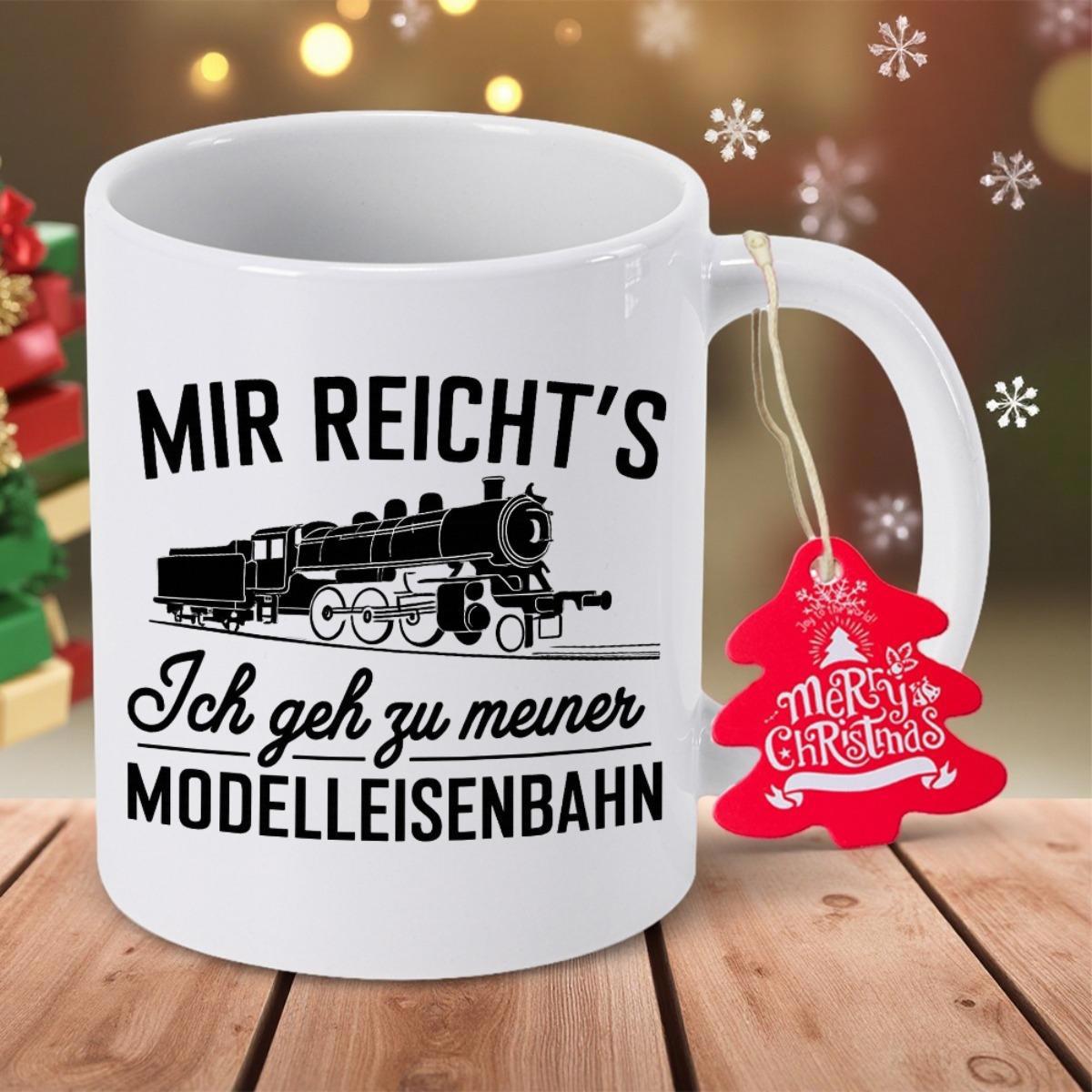 Tailorly White Ceramic 11 oz Mug - Merry Christmas Detailed Classic Steam Locomotive Silhouette Rolling On Horizontal Tracks Train