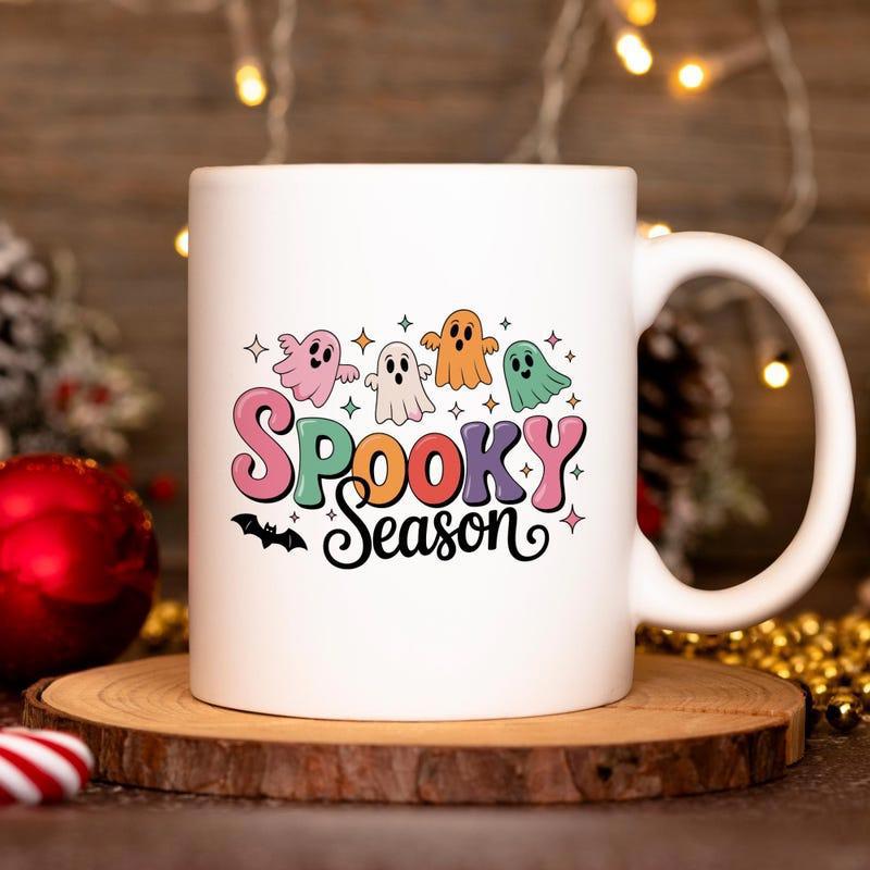 Tailorly White Ceramic 11 oz Mug - Spooky Season Colorful Retro Cartoon Specters Floating Among Sparkling Stars And Tiny Bats Ghost
