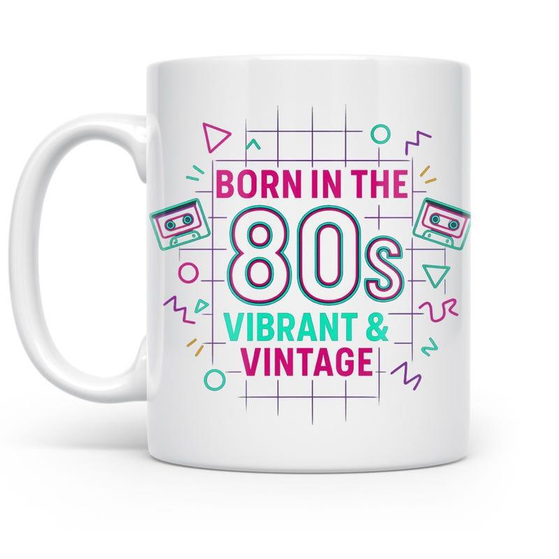 Tailorly White Ceramic 11 oz Mug - Born In The 80s Vibrant Vintage Retro Neon Geometric Patterns With Classic Cassette Tapes And Gridded Mug