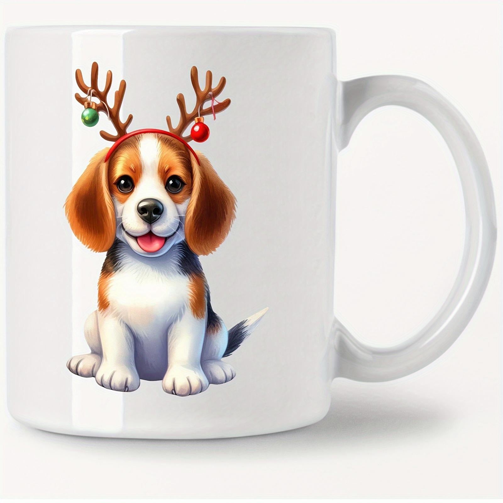 Tailorly White Ceramic 11 oz Mug - Festive Puppy Wearing Reindeer Antlers With Small Hanging Christmas Baubles Sitting Beagle