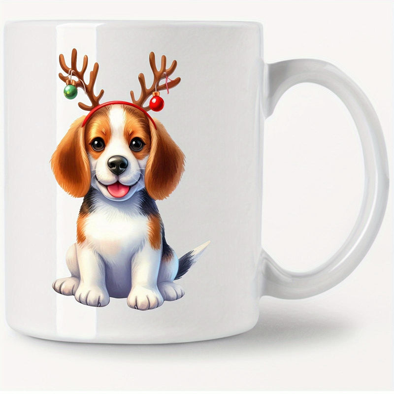 Tailorly White Ceramic 11 oz Mug - Festive Puppy Wearing Reindeer Antlers With Small Hanging Christmas Baubles Sitting Beagle