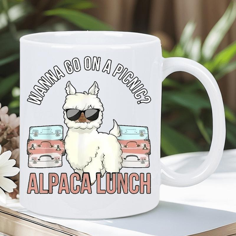 Tailorly White Ceramic 11 oz Mug - Wanna Go On A Picnic Alpaca Lunch Cool White Fluffy Alpaca Wearing Sunglasses With Colorful Stacks Of Lunchboxes Alpaca