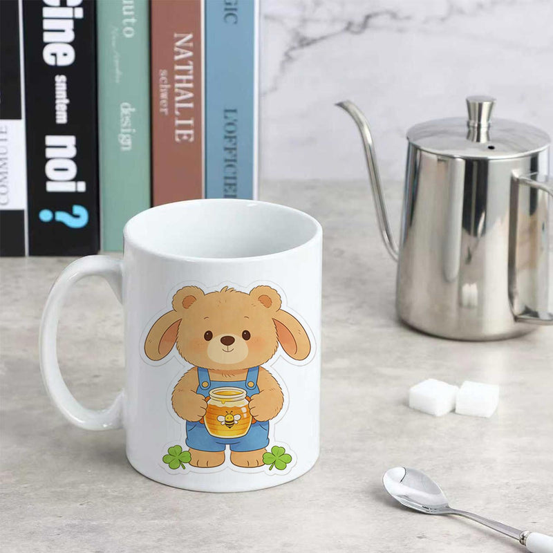 Tailorly White Ceramic 11 oz Mug - Adorable Fluffy Animal In Denim Overalls Holding Sweet Honey Jar Bear