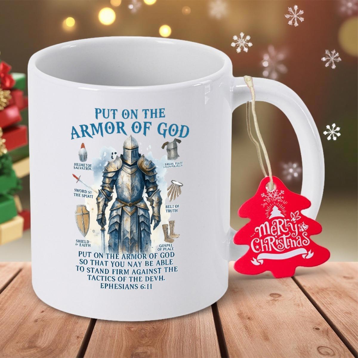 Tailorly White Ceramic 11 oz Mug - Put On The Armor Of God Ephesians 6 11 Detailed Silver Metallic Medieval Suit Of Protective Gear Standing Knight