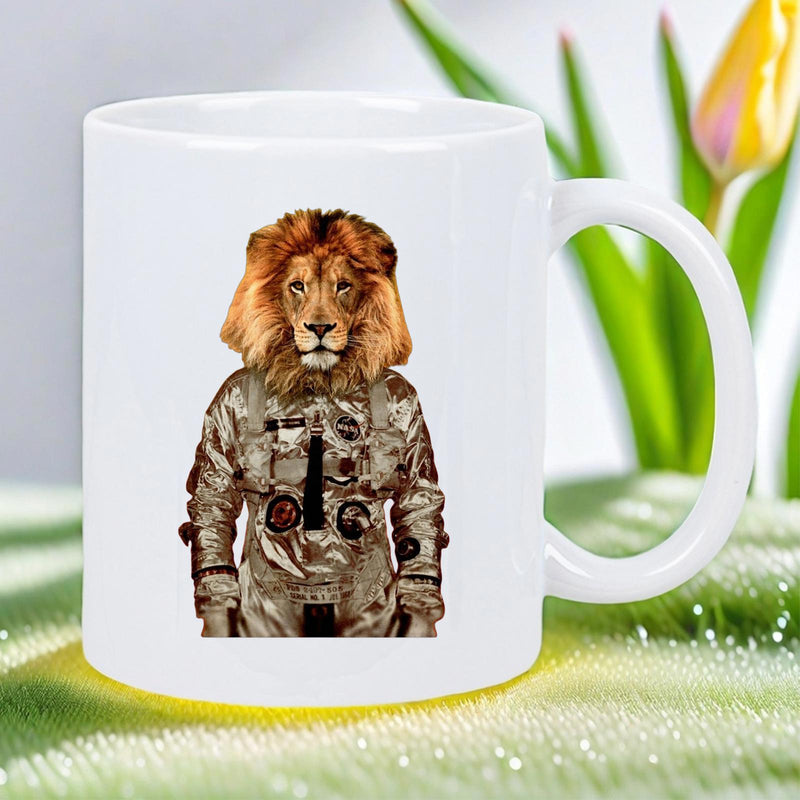Tailorly White Ceramic 11 oz Mug - Majestic Lion Head Wearing A Detailed Metallic Astronaut Suit In Space Lion