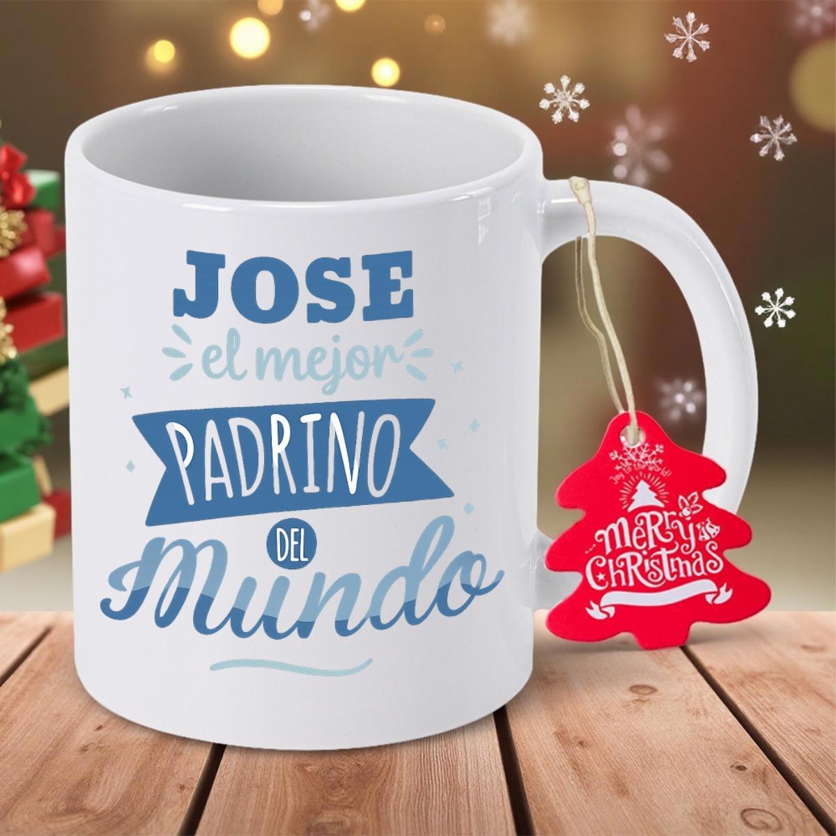 Tailorly White Ceramic 11 oz Mug - Merry Christmas Jose White Ceramic Drinking Vessel With Blue Script And Hanging Festive Red Ornament Mug