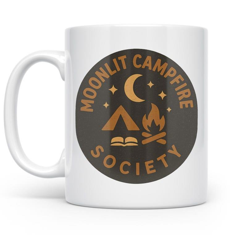 Tailorly White Ceramic 11 oz Mug - Moonlit Campfire Society Cozy Tent Nestled Under Glowing Crescent Moon And Stars Campfire