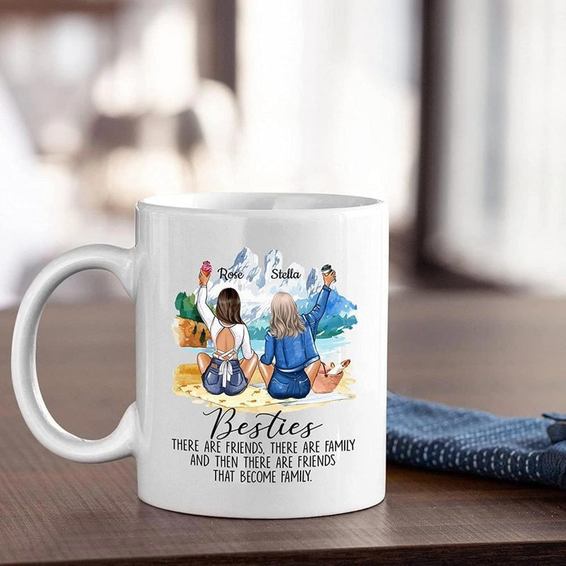 Tailorly White Ceramic 11 oz Mug - Besties Two Graceful Girls Sitting On Sandy Beach Facing Serene Blue Ocean Friends