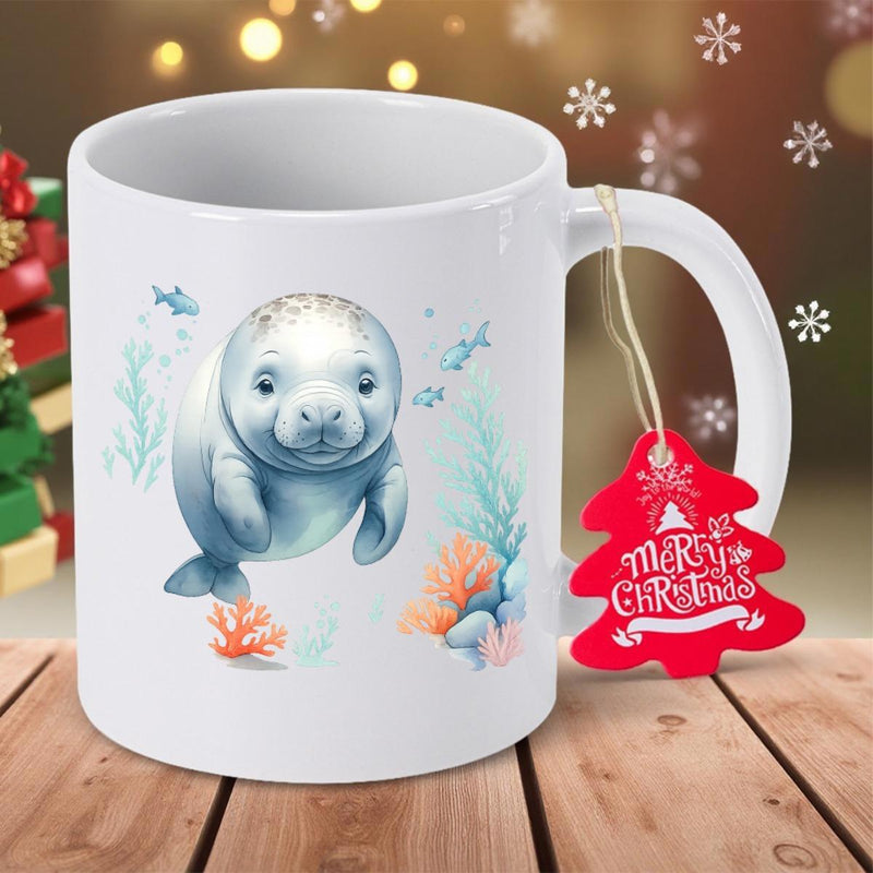 Tailorly White Ceramic 11 oz Mug - Cute Aquatic Creature Swimming Among Colorful Coral Reefs And Gentle Sea Plants Manatee