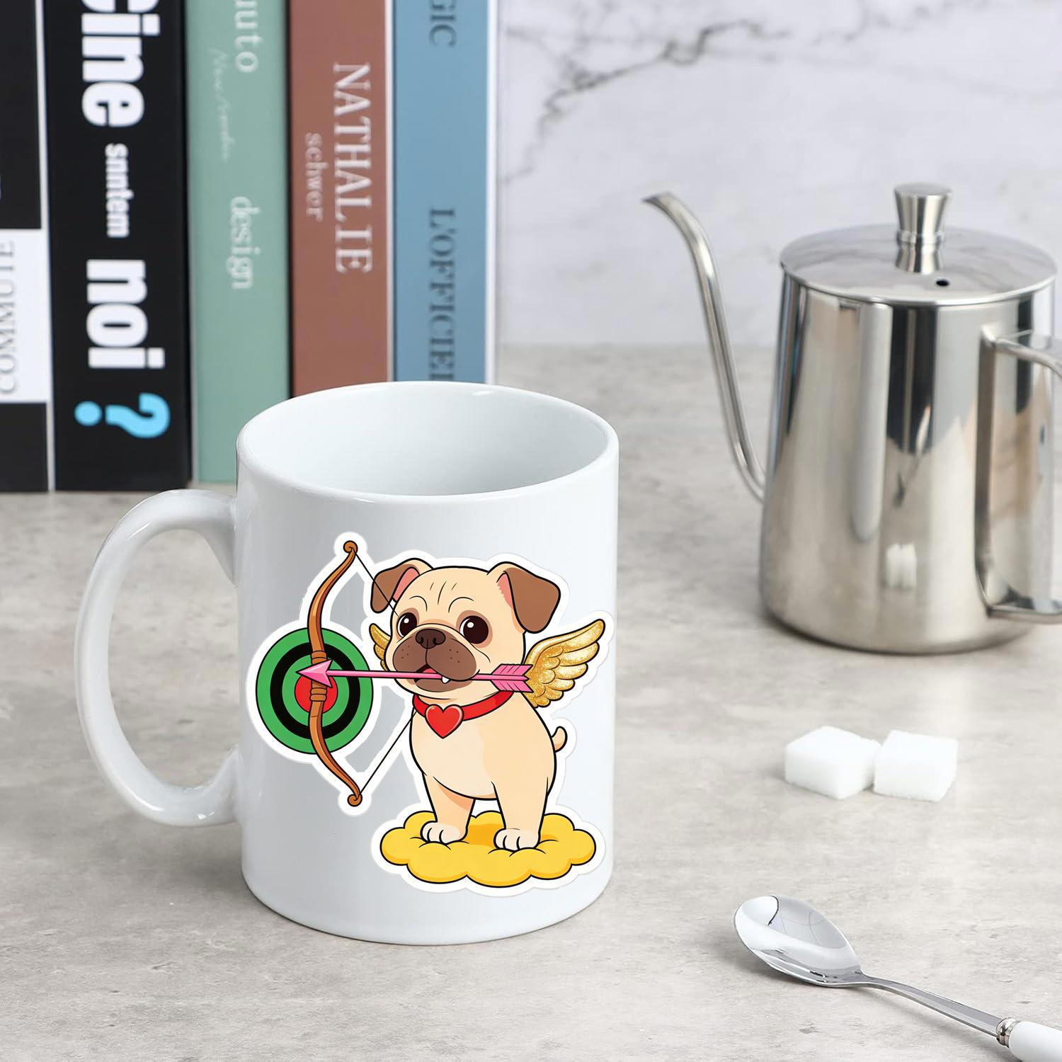 Tailorly White Ceramic 11 oz Mug - Adorable Cupid Style Canine Holding Bow And Standing On A Golden Cloud Pug