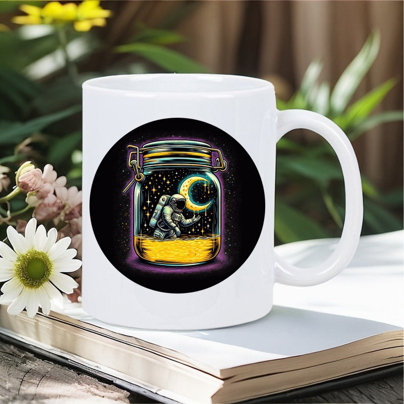 Tailorly White Ceramic 11 oz Mug - Floating Inside Glass Jar With Glowing Crescent Moon And Stars Astronaut