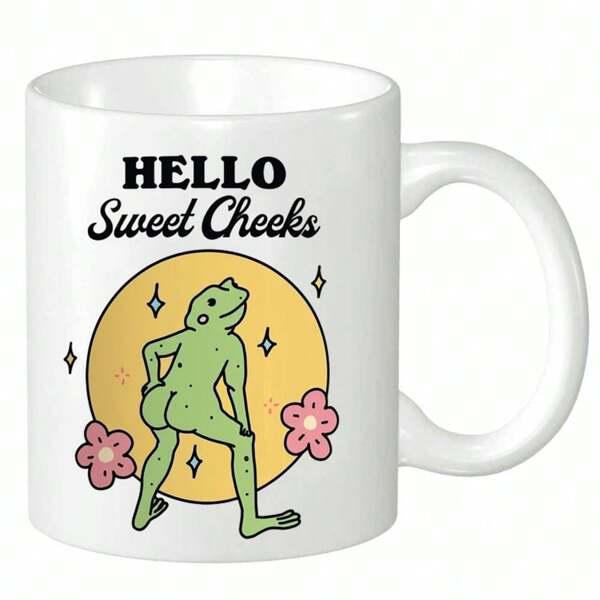 Tailorly White Ceramic 11 oz Mug - Hello Sweet Cheeks Playful Green Frog Posing Inside Golden Moon With Pink Flowers Frog
