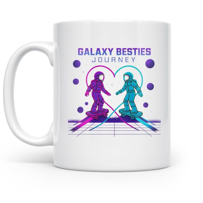 Tailorly White Ceramic 11 oz Mug - Galaxy Besties Journey Retro Grid Space Theme With Two Neon Styled Friends Standing Inside Astronaut