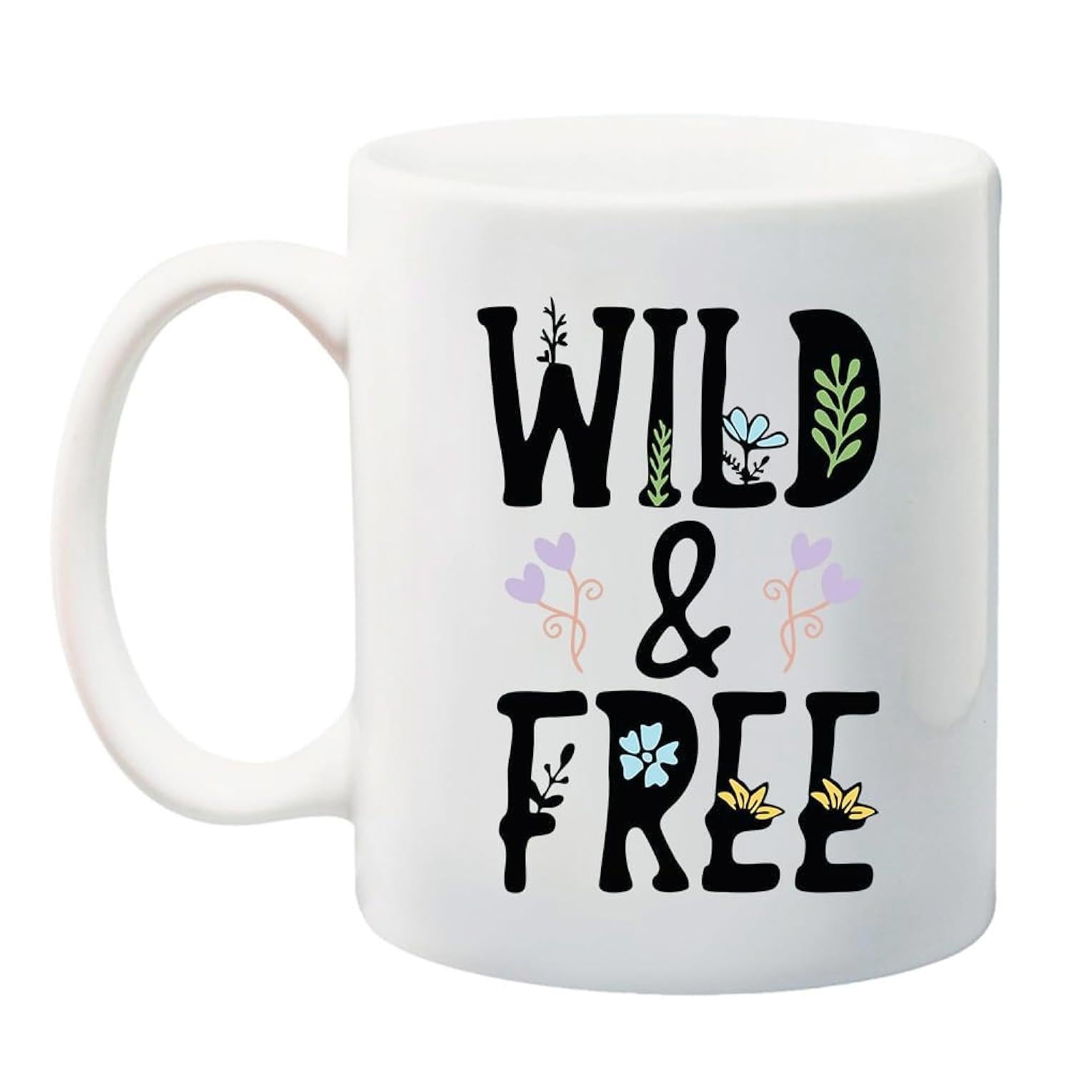 Tailorly White Ceramic 11 oz Mug - Wild Free Hand Drawn Artistic Botanical Foliage And Soft Pastel Colored Wildflower