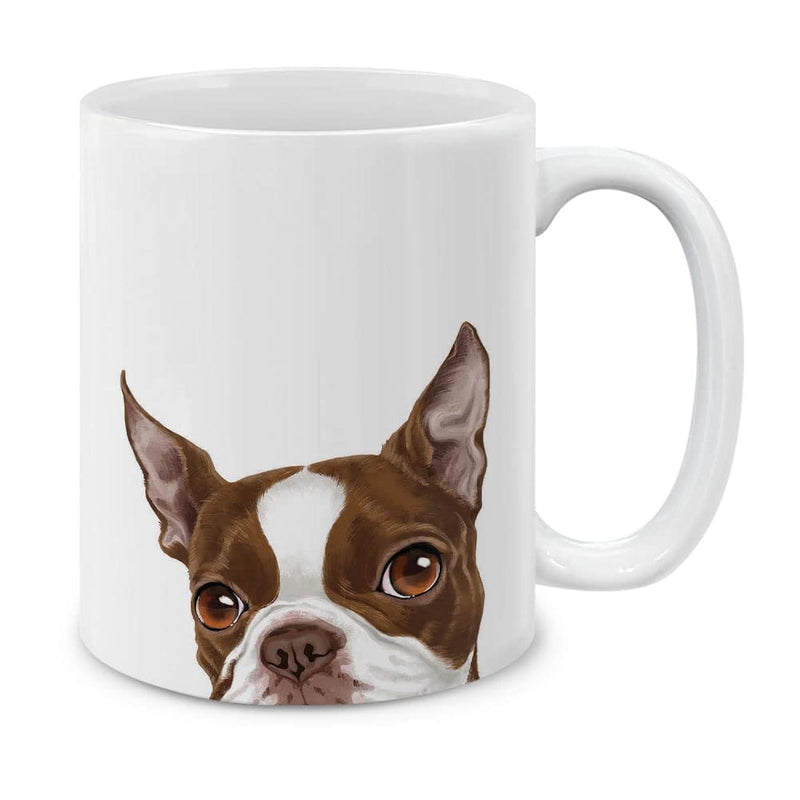 Tailorly White Ceramic 11 oz Mug - Charming Brown And White Furry Peeking Boston Terrier Head Realistic Dog