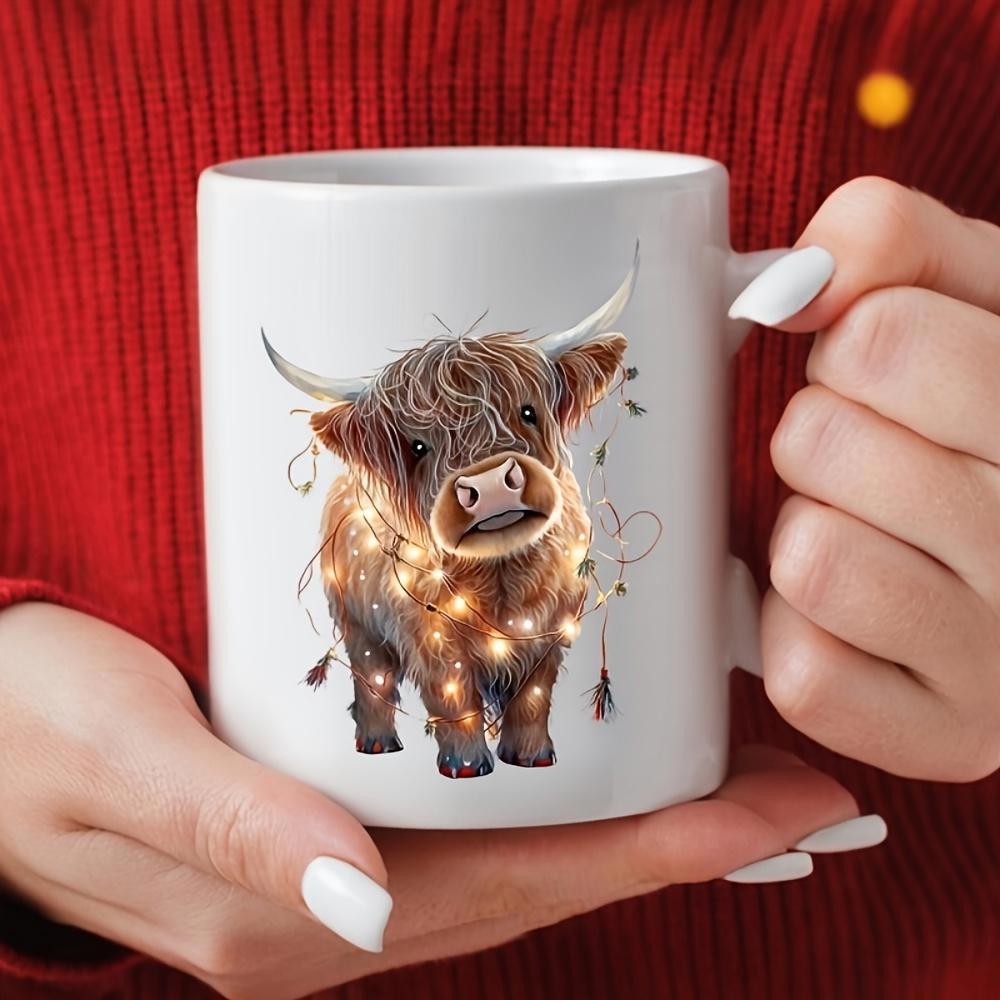 Tailorly White Ceramic 11 oz Mug - Festive Fluffy Highland Cow Wrapped In Sparkling Fairy Lights Warm Holiday Cow
