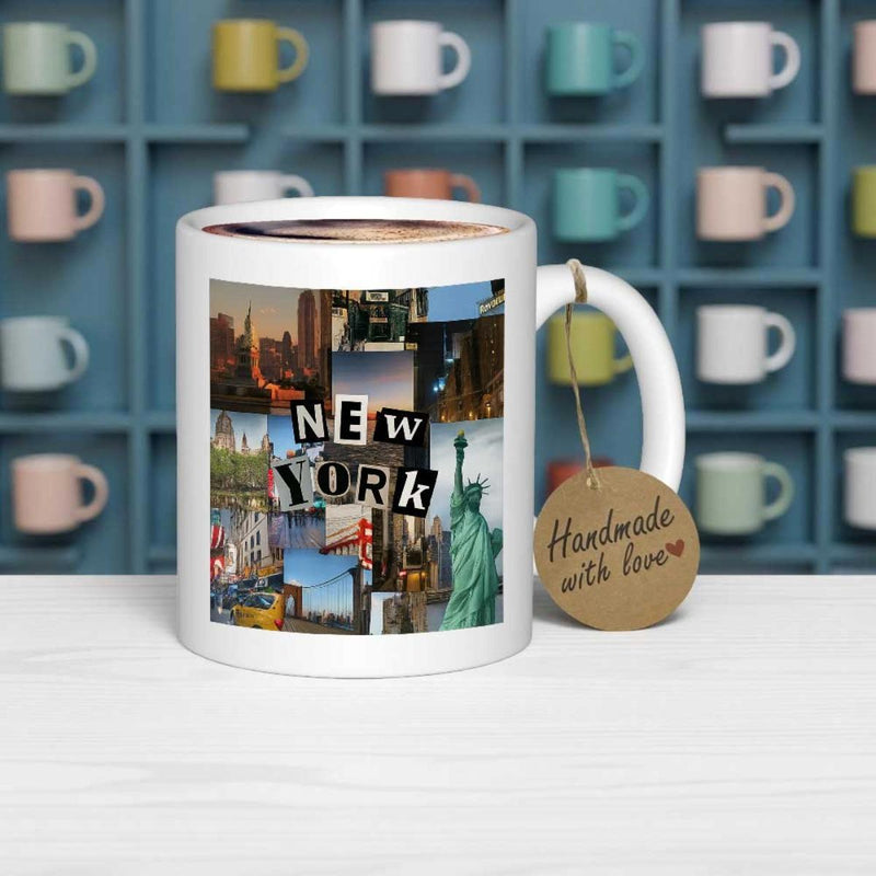 Tailorly White Ceramic 11 oz Mug - New York Vibrant Collage Featuring Iconic City Landmarks Under Clear Blue Sky Skyline
