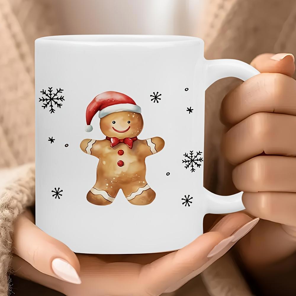 Tailorly White Ceramic 11 oz Mug - Festive Holiday Character With Red Santa Hat Surrounded By Delicate Snowflakes Gingerbread Man