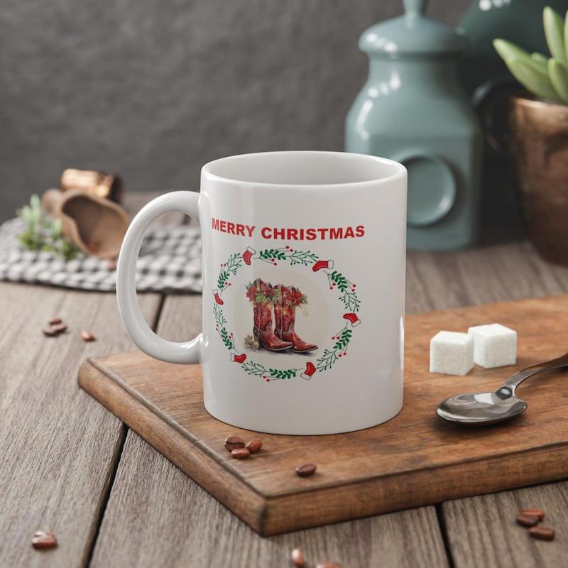 Tailorly White Ceramic 11 oz Mug - Merry Christmas Festive Winter Holiday Wreath Featuring Rustic Brown Country Style Boots