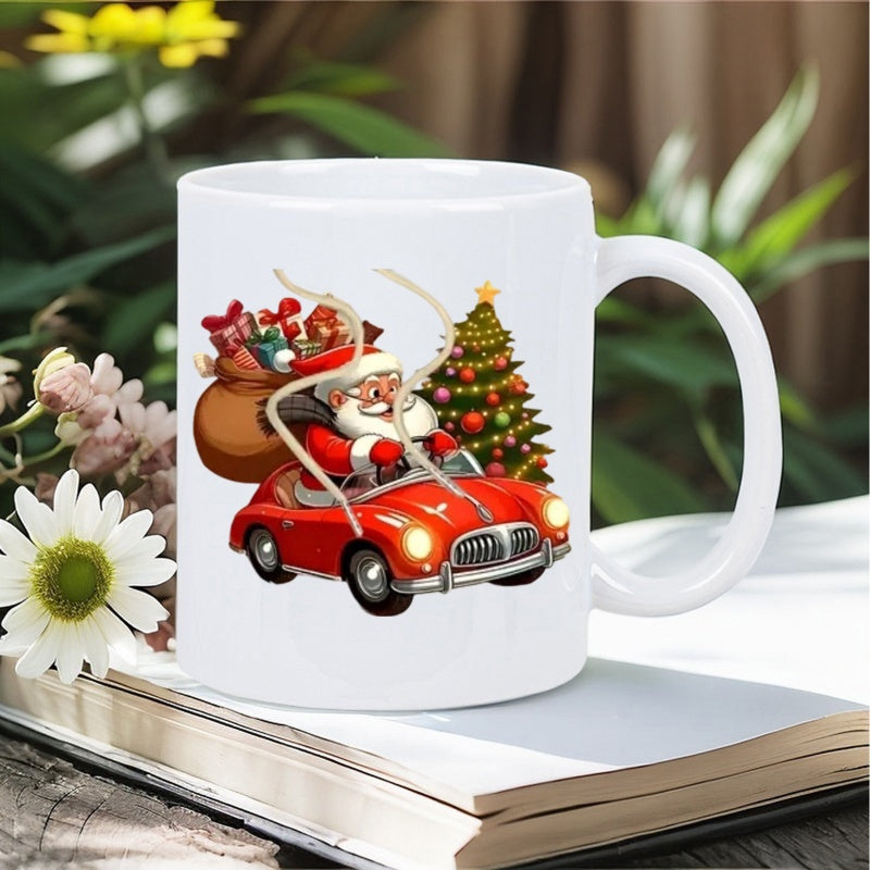 Tailorly White Ceramic 11 oz Mug - Festive Jolly Santa Driving Red Vintage Car With Christmas Tree Santa Claus