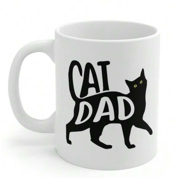 Tailorly White Ceramic 11 oz Mug - Cat Dad Creative Black Silhouette Featuring Artistic Lettering Of A Walking Cat