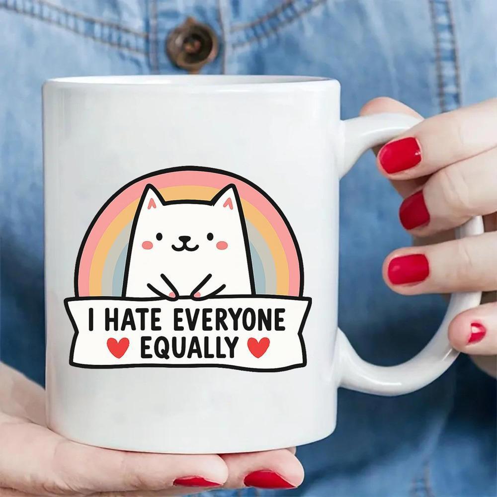 Tailorly White Ceramic 11 oz Mug - I Hate Everyone Equally Adorable Minimalist White Cartoon Kitty Posing Before A Vibrant Rainbow Cat