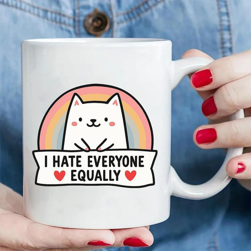 Tailorly White Ceramic 11 oz Mug - I Hate Everyone Equally Adorable Minimalist White Cartoon Kitty Posing Before A Vibrant Rainbow Cat