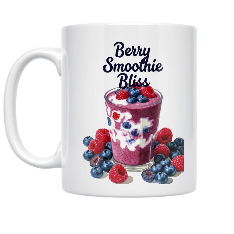 Tailorly White Ceramic 11 oz Mug - Berry Smoothie Bliss Fresh Purple Cold Drink Among Scattered Ripe Blueberries And Raspberries Smoothie
