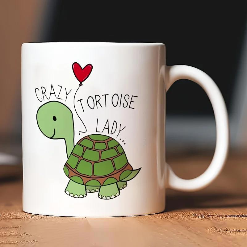 Tailorly White Ceramic 11 oz Mug - Crazy Tortoise Lady Cute Green Cartoon Carrying A Red Heart Balloon Across Shell Tortoise