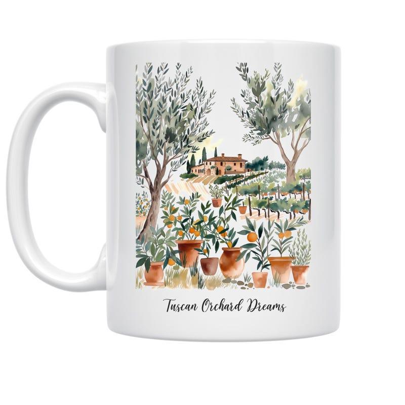 Tailorly White Ceramic 11 oz Mug - Tuscan Orchard Dreams Beautiful Watercolor Painting Of Mediterranean Potted Plants Near A Rustic Villa Landscape
