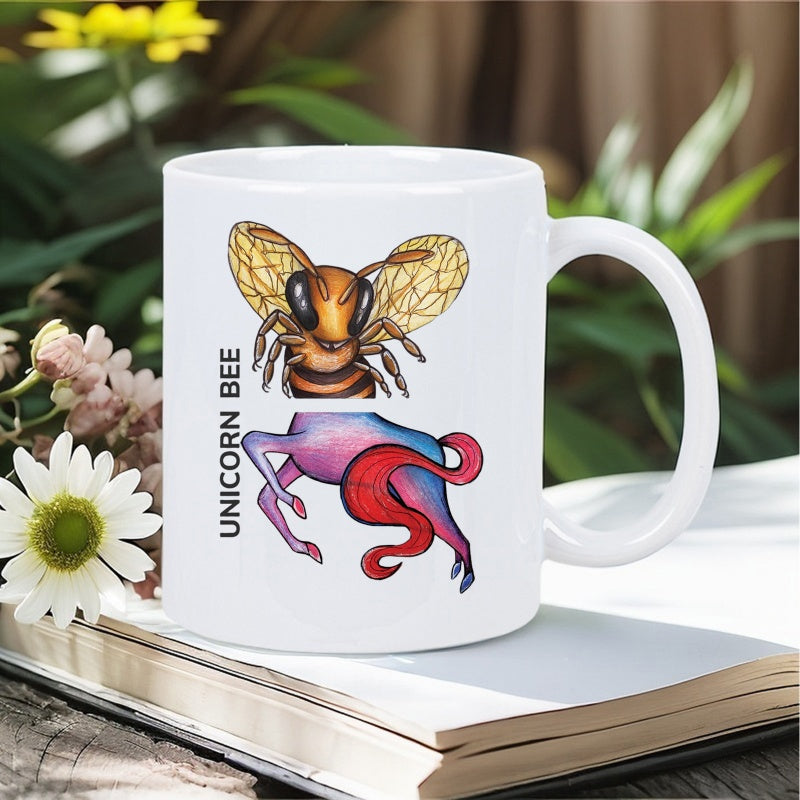 Tailorly White Ceramic 11 oz Mug - Unicorn Bee Shimmering Golden Wings And Vibrant Colorful Body Of A Bee Creature