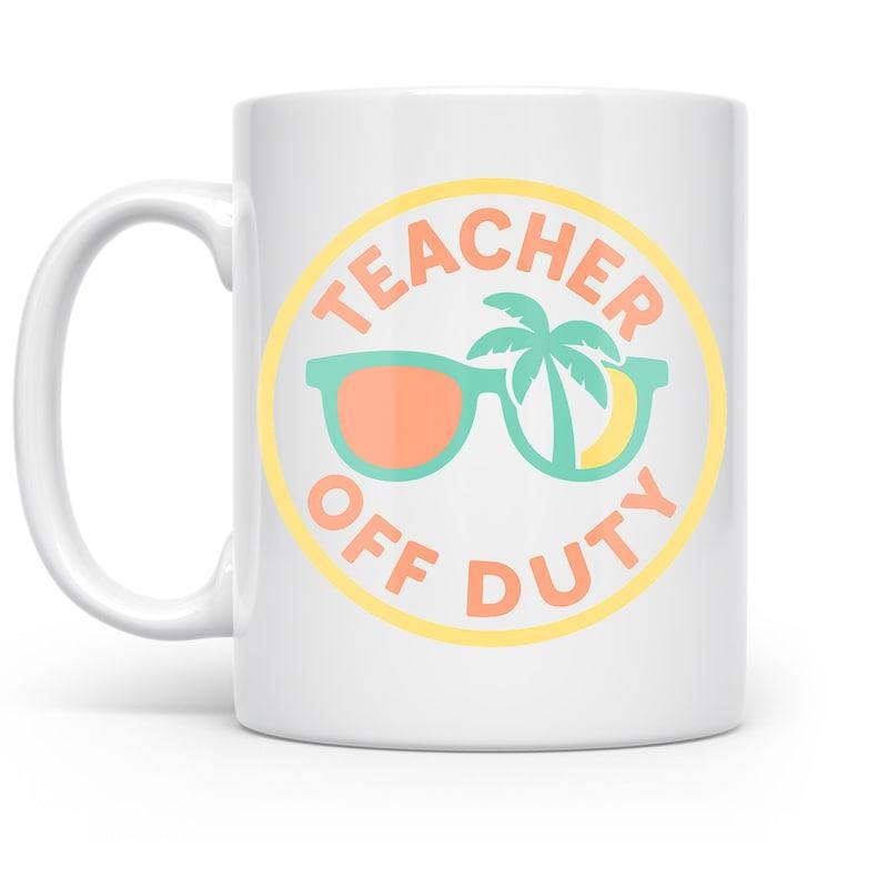 Tailorly White Ceramic 11 oz Mug - Teacher Off Duty Tropical Sunglasses With Palm Tree Enclosed In A Vibrant Circular Frame Mug