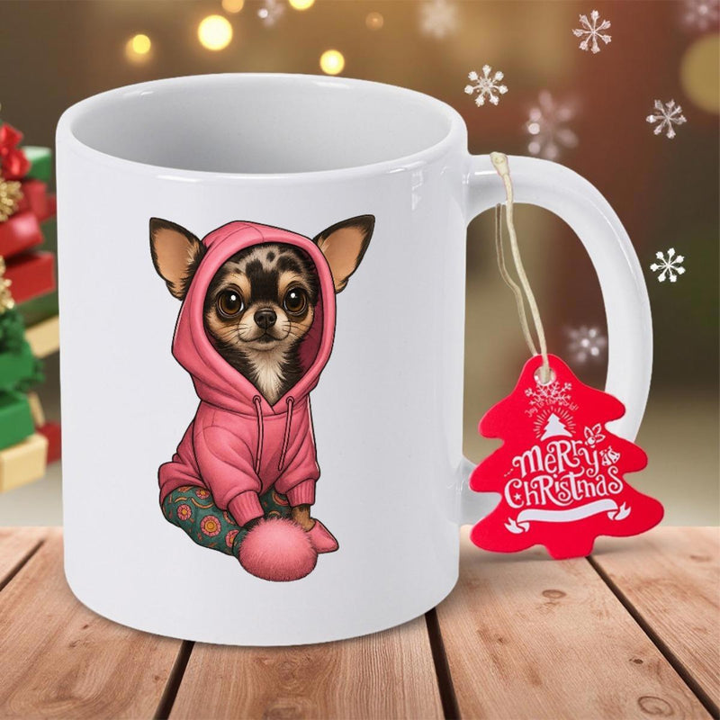 Tailorly White Ceramic 11 oz Mug - Merry Christmas Adorable Tiny Dog Wearing A Warm Pink Hoodie Sitting Quietly Chihuahua