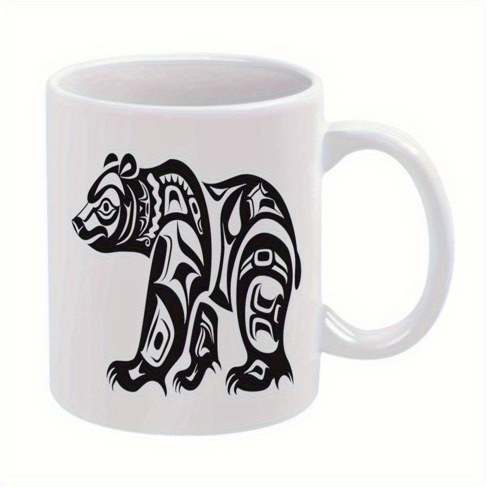 Tailorly White Ceramic 11 oz Mug - Intricate Tribal Pattern With Traditional Black Ink Style Standing Majestic Bear