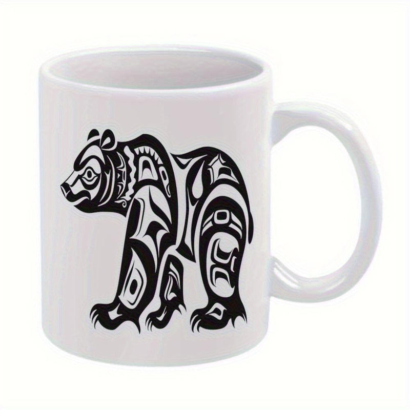 Tailorly White Ceramic 11 oz Mug - Intricate Tribal Pattern With Traditional Black Ink Style Standing Majestic Bear
