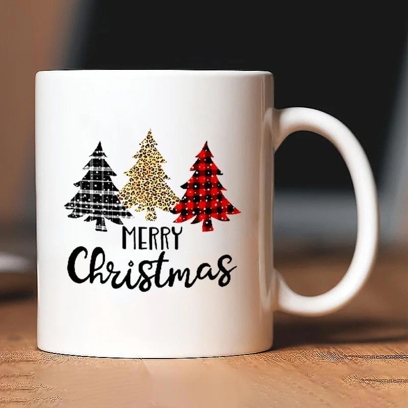 Tailorly White Ceramic 11 oz Mug - Merry Christmas Three Artistic Silhouettes With Festive Plaid And Gold Glitter Pattern Tree