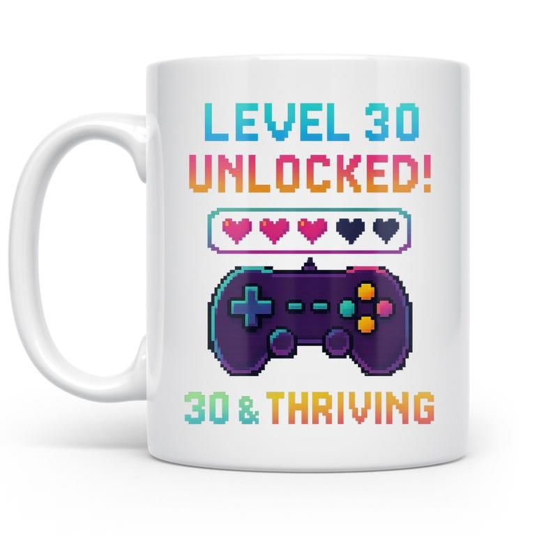 Tailorly White Ceramic 11 oz Mug - Level 30 Unlocked 30 Thriving Pixelated Retro Style Gamepad With Pink Heart Health Bar Controller